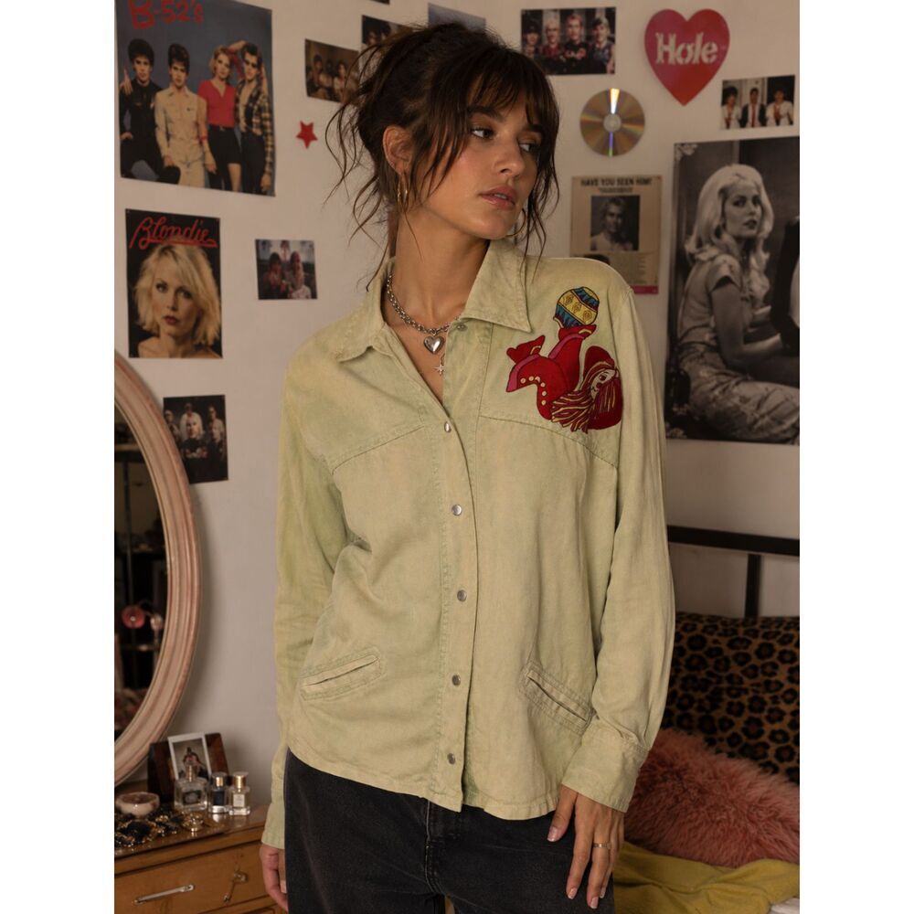 Vintage Frederick's Of Hollywood Green Clown Button Up Shirt  Women's Size Small